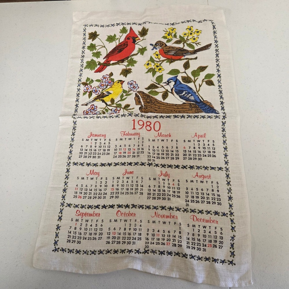 Vintage 1980 Calendar Tea Towel Songbirds Cardinal Blue Jay Linen Kitchen Decor